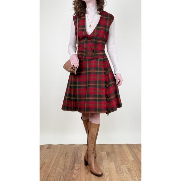 Vintage Handmade Matching Midi Skirt Vest Set Suit Plaid Wool Fall Octoberfest - Picture 7 of 7